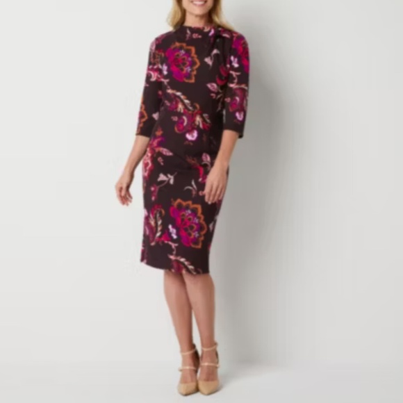 Retro Vintage Liz Claiborne 3/4 sleeved Midi Dress Paisley Neck Tie - Picture 1 of 9